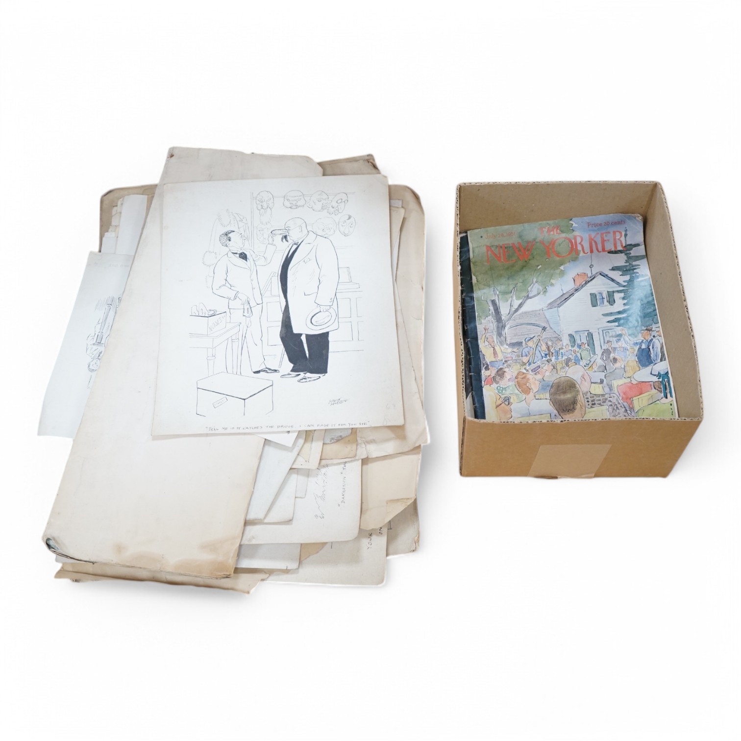 A folio of cartoons, caricatures, cartoons and opera house designs, mostly by Edwin Morrow (Irish) and Norman Morrow, to include 'Caution Weir here', 'The Sublime Good Deed' and 'Bluff at the Garrick', with a collection